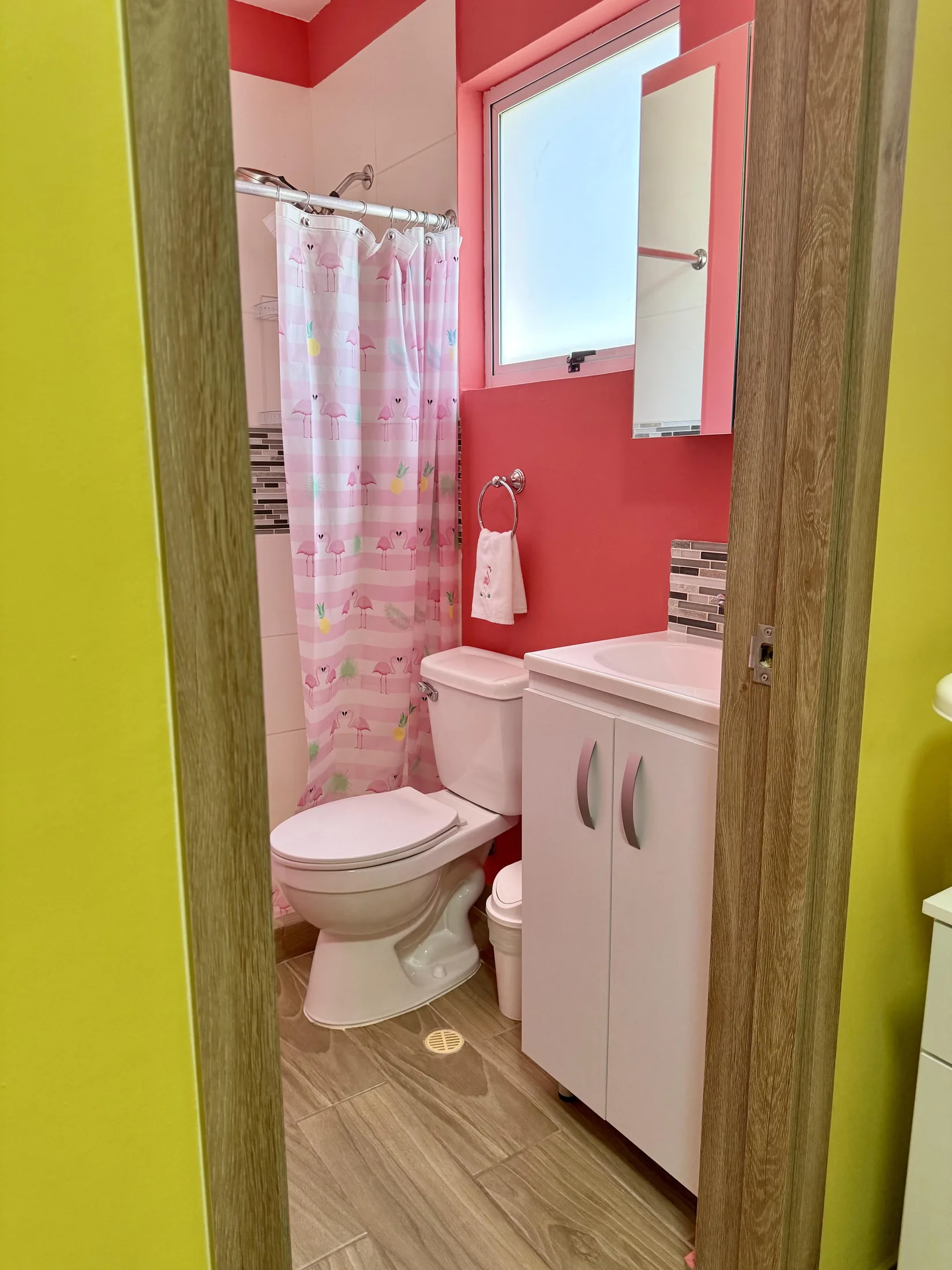 Pink-walled bathroom viewed through doorway with flamingo shower curtain, white vanity, and toilet